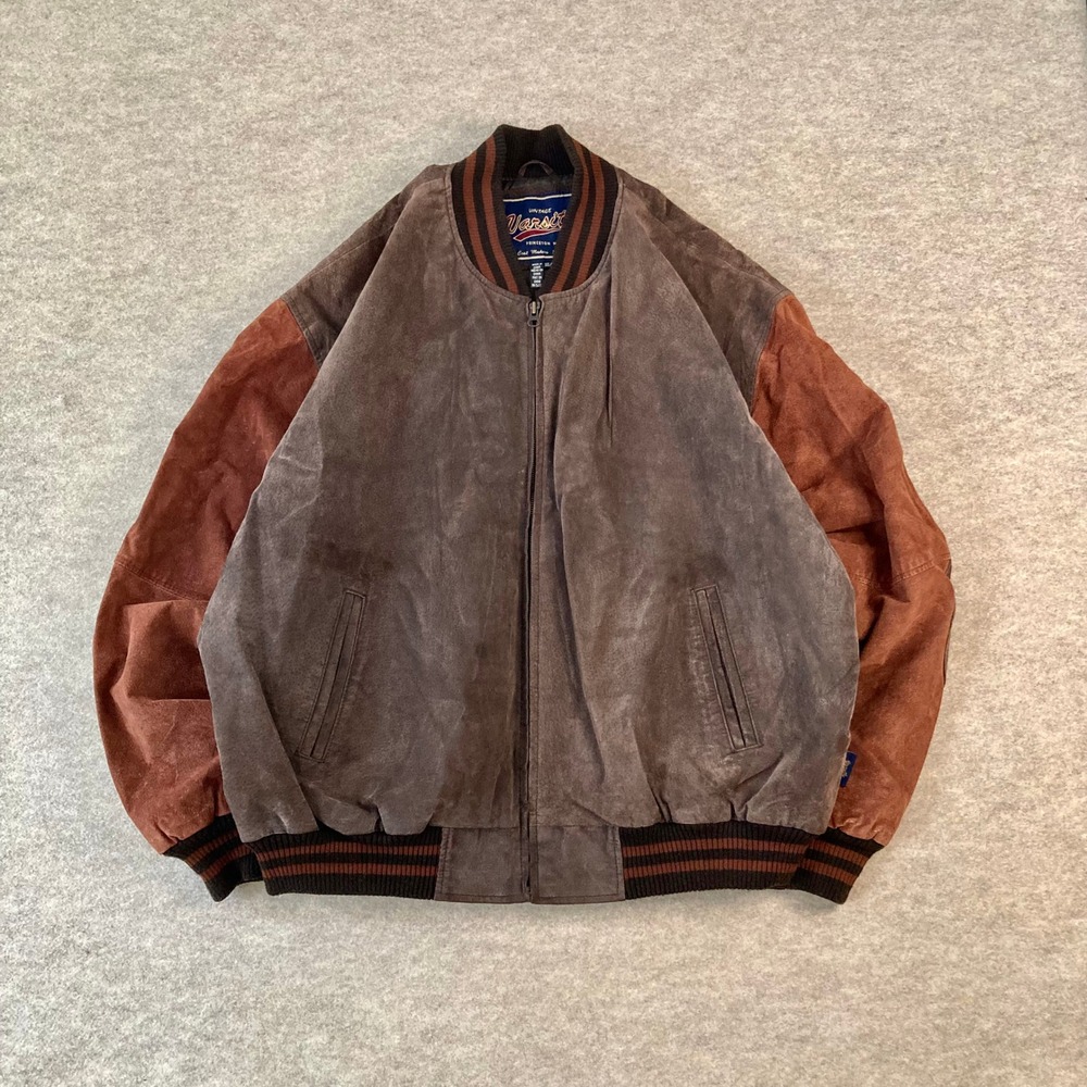 Vintage Varsity Princeton NJ Brown 100% Suede Leather Bomber Jacket XXL Two Tone